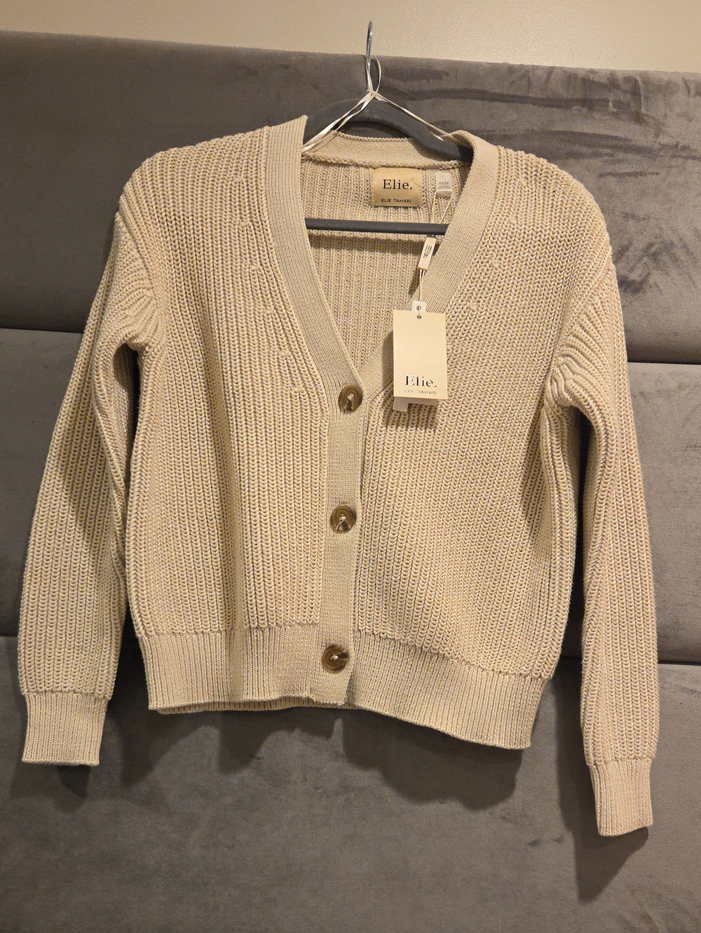 Elie Tahari Neutral Cream Button-Up Vee Neck Knit Cardigan